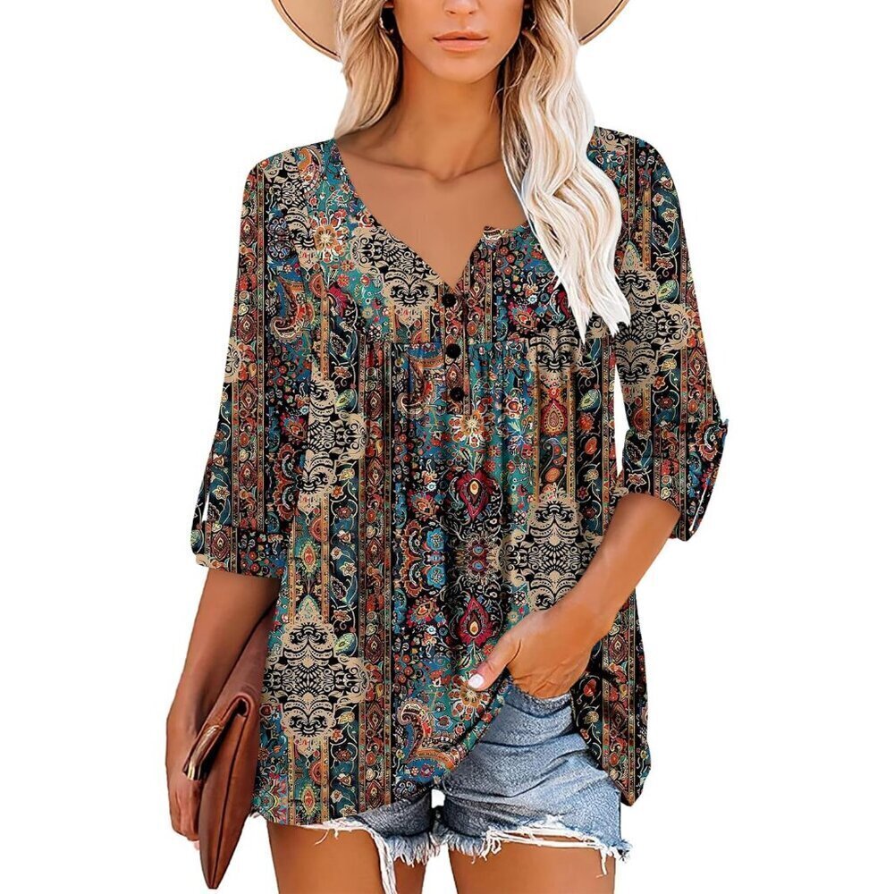 Womens Long Sleeve Tunic Tops Floral Fall Blouse Shirts - Picture 2 of 4